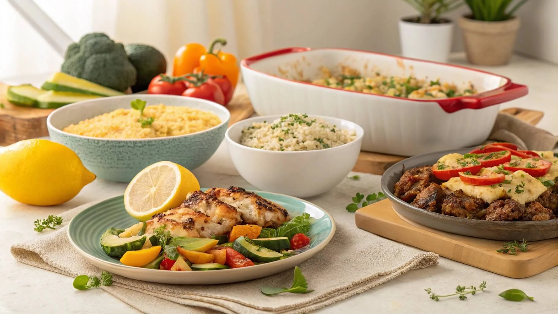 An inviting dinner table featuring a variety of 5-ingredient dishes, including Lemon Garlic Chicken, Quinoa Veggie Stir-Fry, and Cheesy Beef and Pasta Bake, set in a warm kitchen.