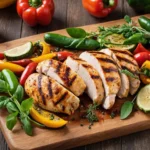 "Grilled chicken breasts garnished with herbs and lemon slices on a wooden cutting board with colorful grilled vegetables."