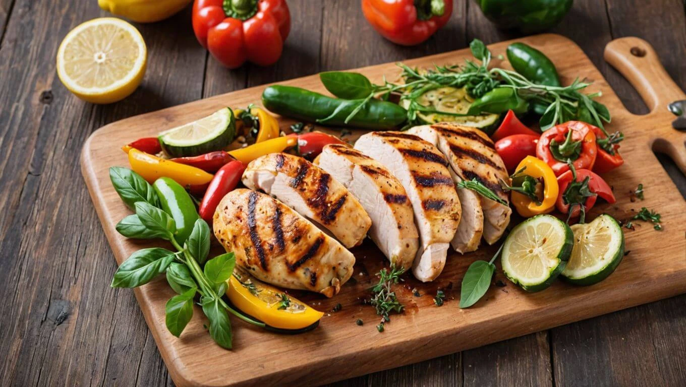 "Grilled chicken breasts garnished with herbs and lemon slices on a wooden cutting board with colorful grilled vegetables."