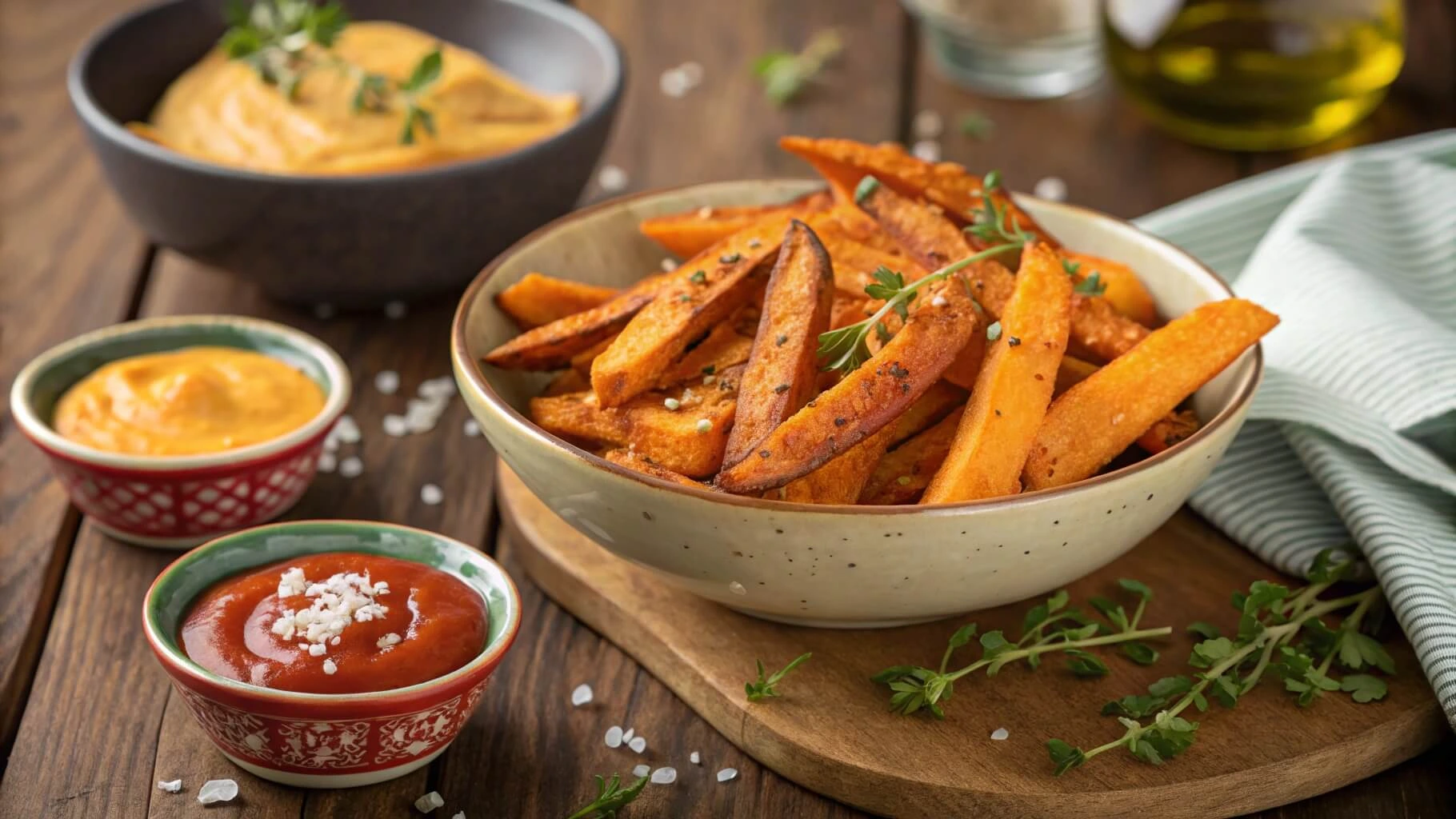 Bowl of crispy air fryer sweet potato fries with honey mustard and spicy aioli dips.