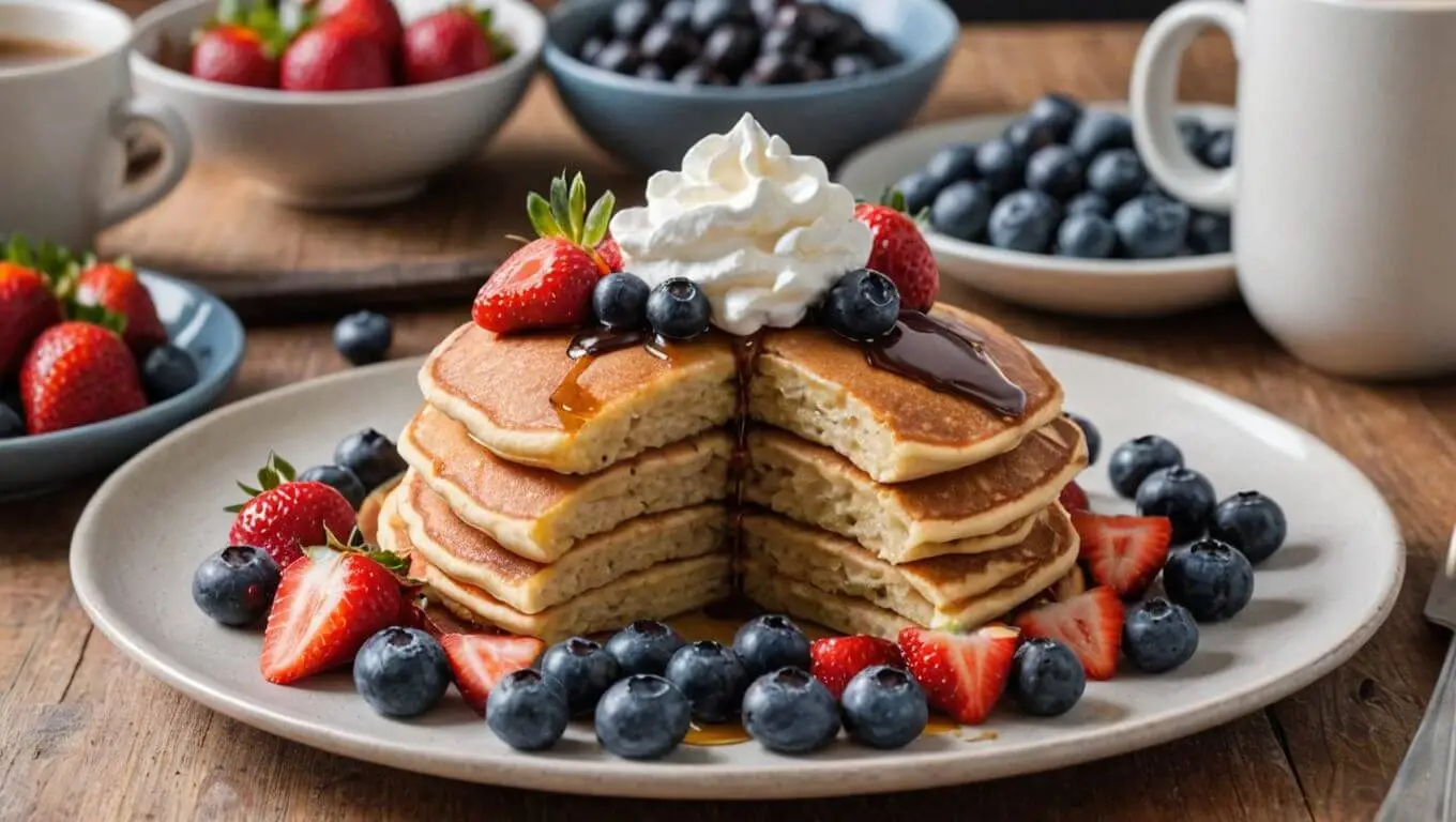 "Fluffy almond flour pancakes topped with fresh berries and maple syrup on a rustic wooden table."