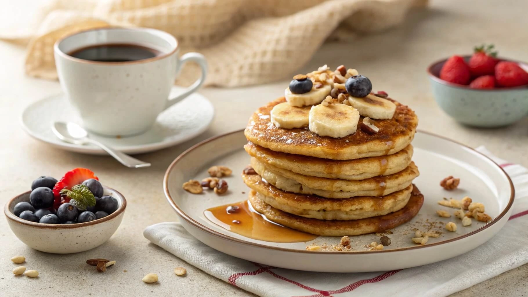 Stack of banana oatmeal pancakes without flour topped with fresh fruit and maple syrup.