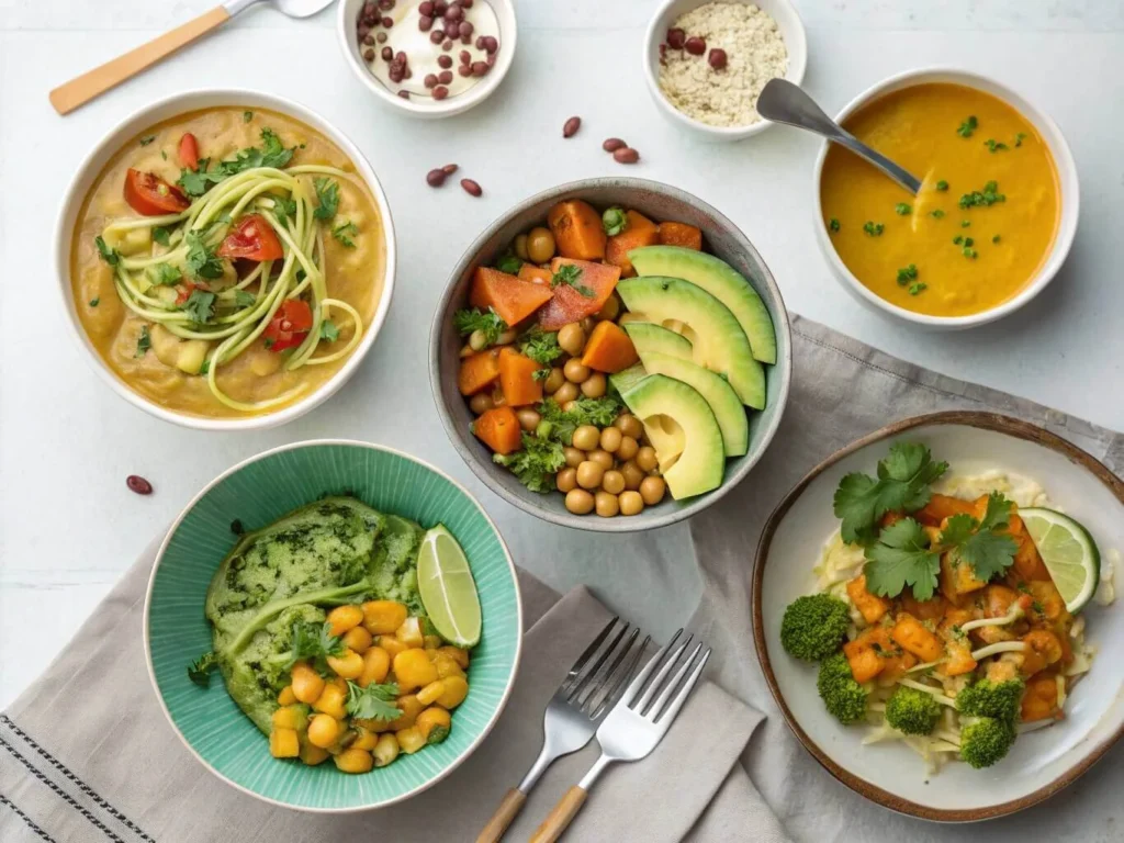 A beautiful layout of five easy vegan recipes for two people: vegetable stir-fry, avocado pasta, chickpea salad, sweet potato tacos, and lentil soup.