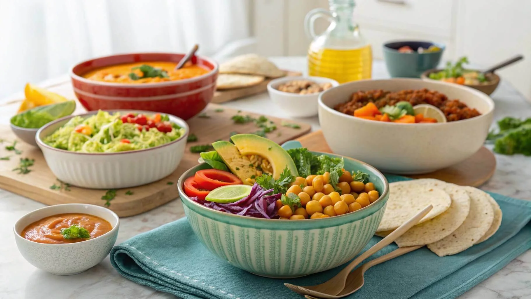 A beautifully arranged table featuring five easy vegan dishes: a Buddha bowl, creamy avocado pasta, chickpea salad, spicy sweet potato tacos, and coconut curry lentil soup, set in a cozy kitchen.