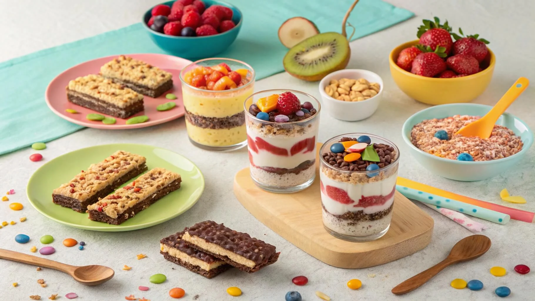 A colorful assortment of no-bake dessert recipes for kids, including layered parfaits, chocolate rice crispy bars, and fun-shaped cookie bites.