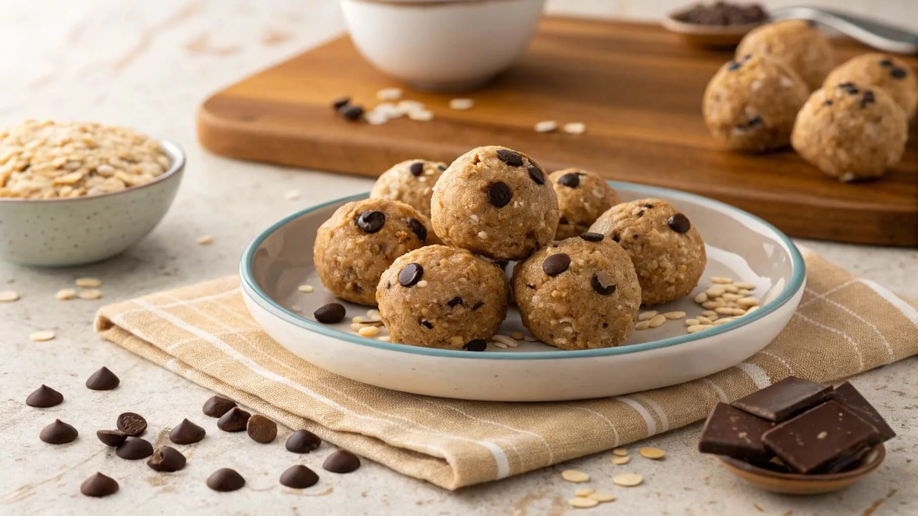 A plate of No-Bake Peanut Butter Balls with chocolate chips and oats, set in a cozy kitchen.