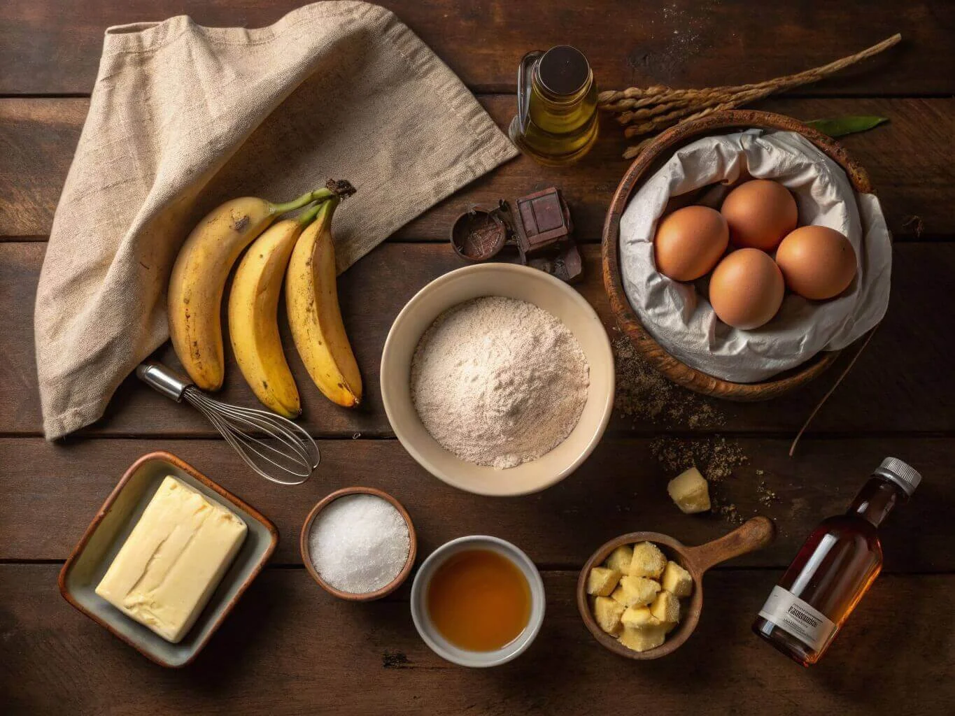 A flat-lay of banana bread ingredients arranged on a rustic wooden table, including ripe bananas, a bag of flour, a bowl of sugar, melted butter in a glass cup, eggs in a ceramic bowl, and a bottle of vanilla extract, with warm lighting creating a cozy kitchen vibe.