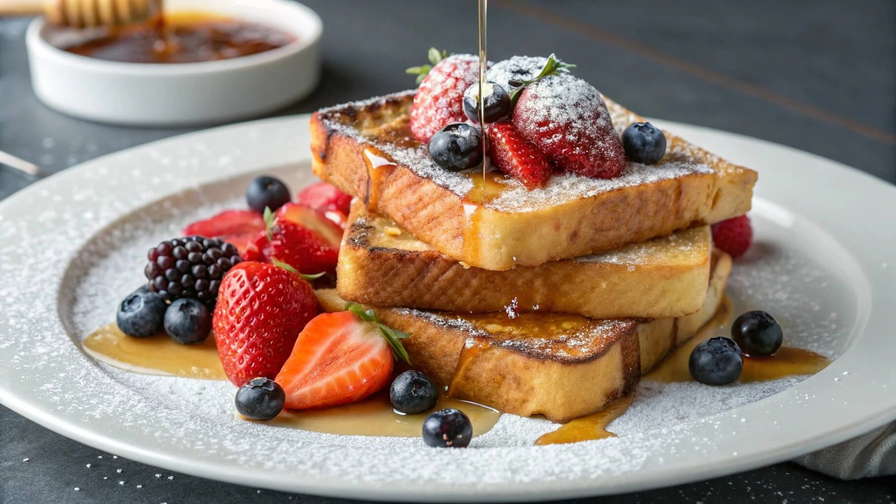 French toast topped with fresh berries and maple syrup.