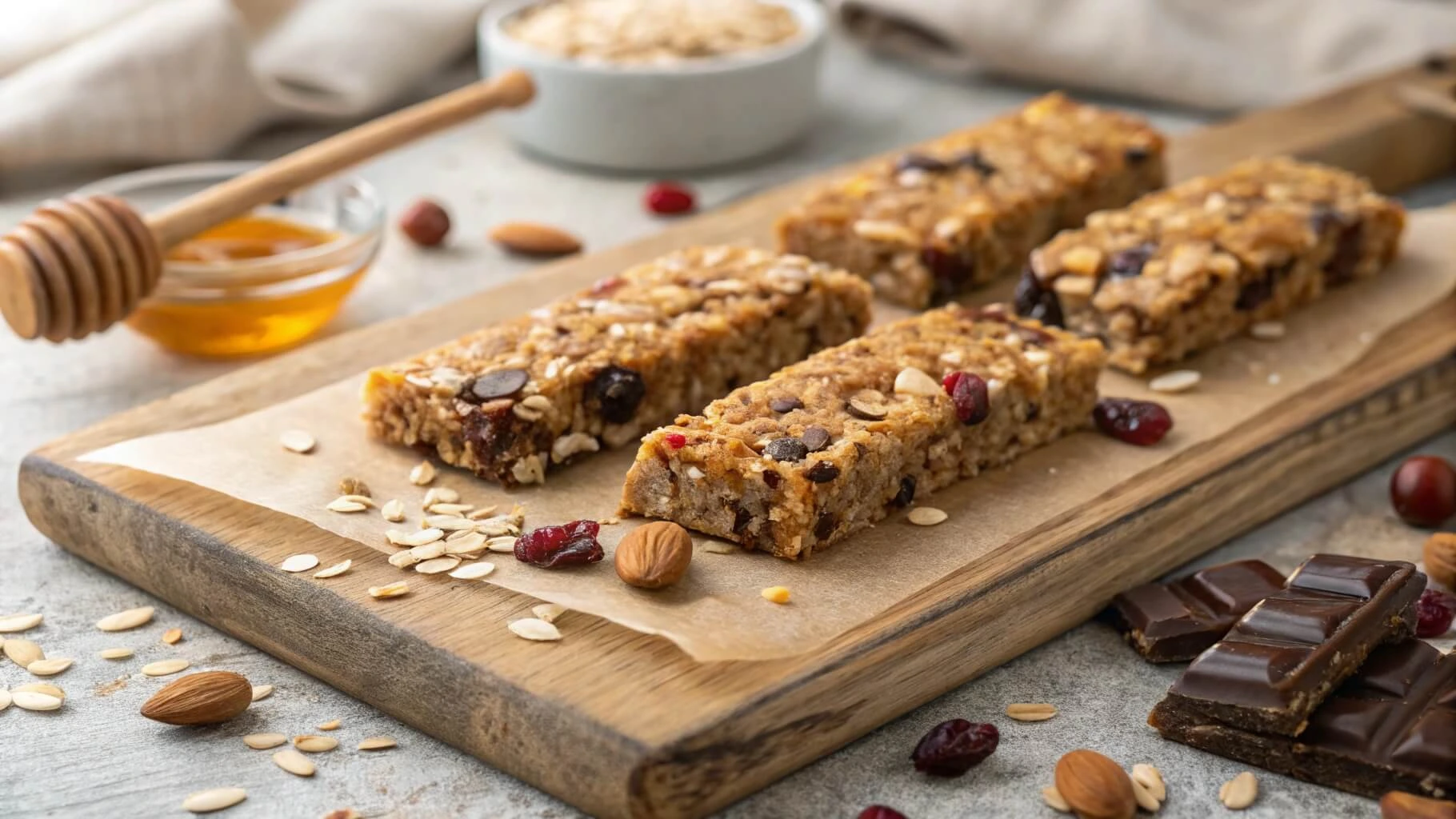 Freshly made homemade granola bars with oats, nuts, dried fruits, and chocolate chips on a rustic wooden board.