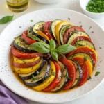 Colorful Ratatouille dish with layers of sliced vegetables including zucchini, eggplant, and bell peppers.