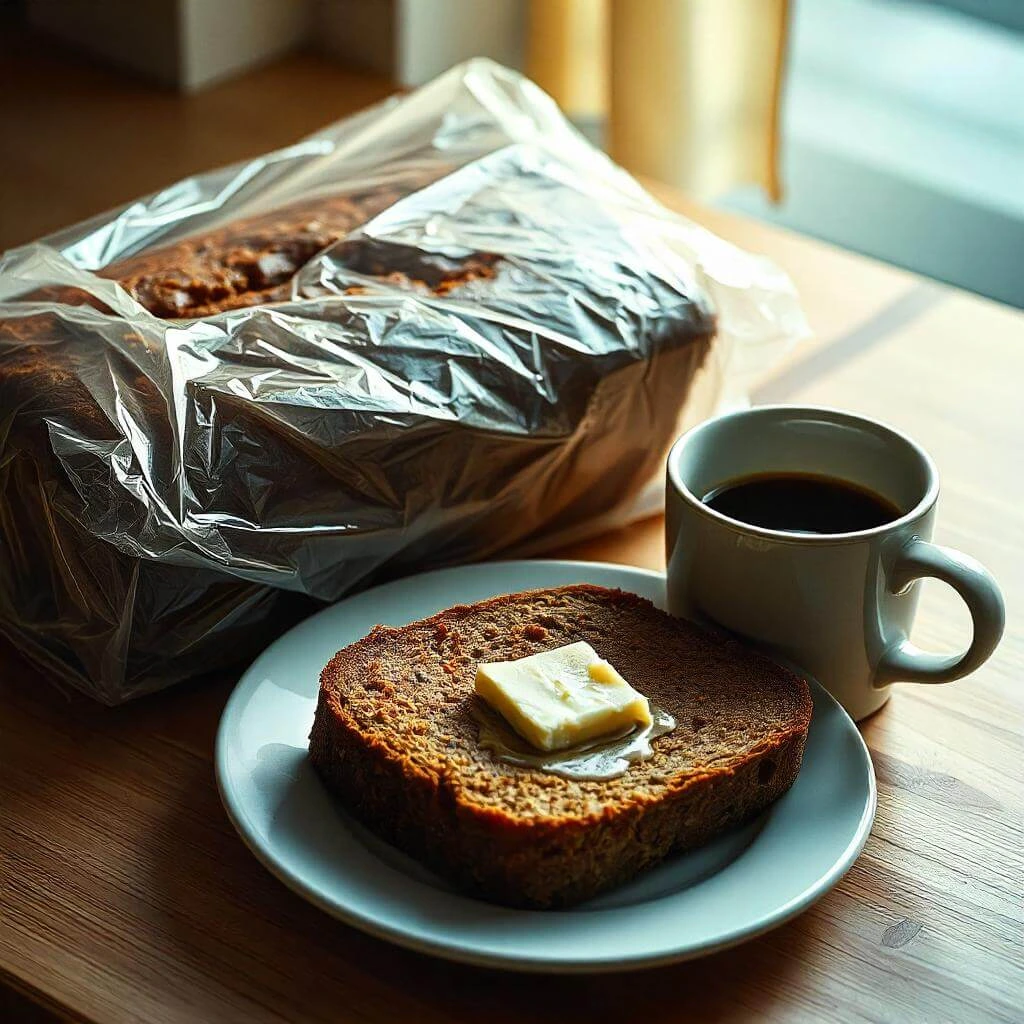 "An illustration of banana bread being stored and served: a loaf wrapped in plastic wrap, a slice on a plate with melting butter, and a cup of coffee beside it. Warm, inviting colors highlight the comfort of enjoying banana bread.