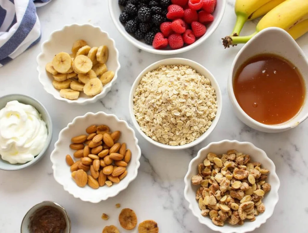Various toppings for banana oatmeal pancakes without flour displayed on a table.