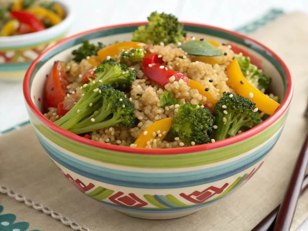 A bowl of Quinoa Veggie Stir-Fry filled with colorful vegetables and garnished with sesame seeds.