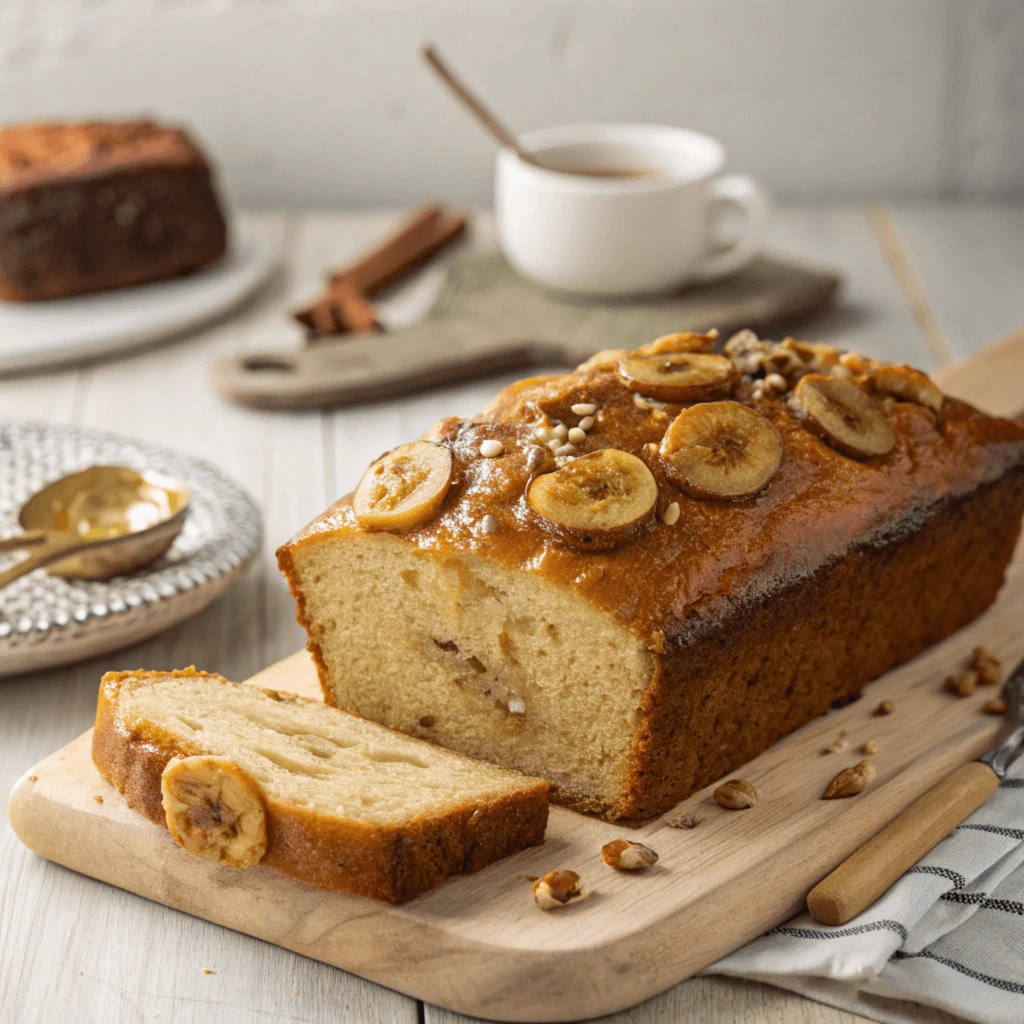 Freshly baked banana bread sliced on a wooden board, surrounded by bananas and walnuts.