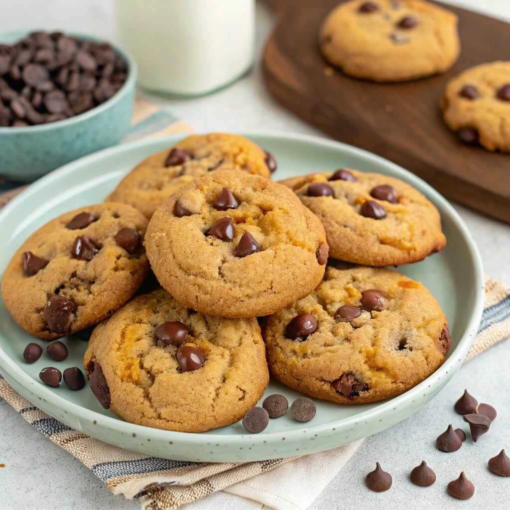 Golden, chewy chocolate chip cookies with melted chocolate chips.