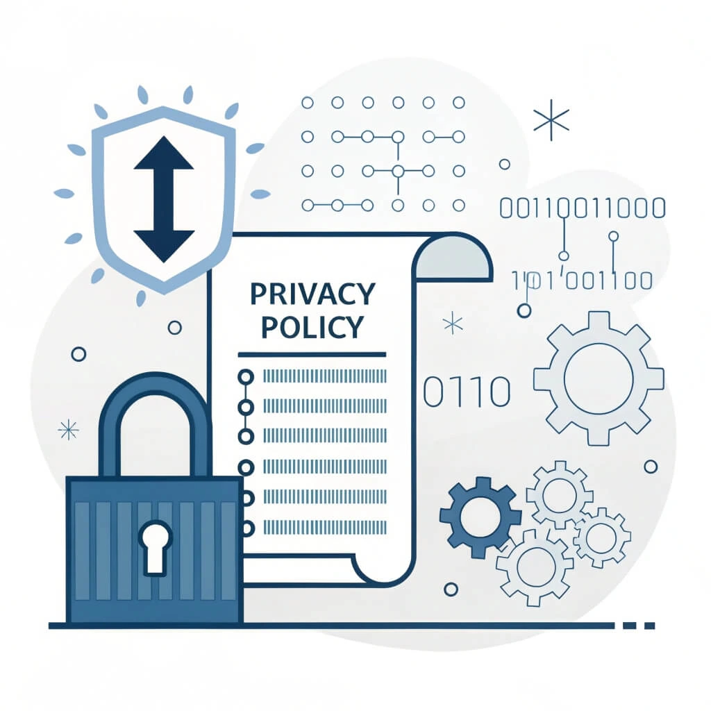 Illustration of a secure lock with a document representing the Privacy Policy and abstract data flow elements.