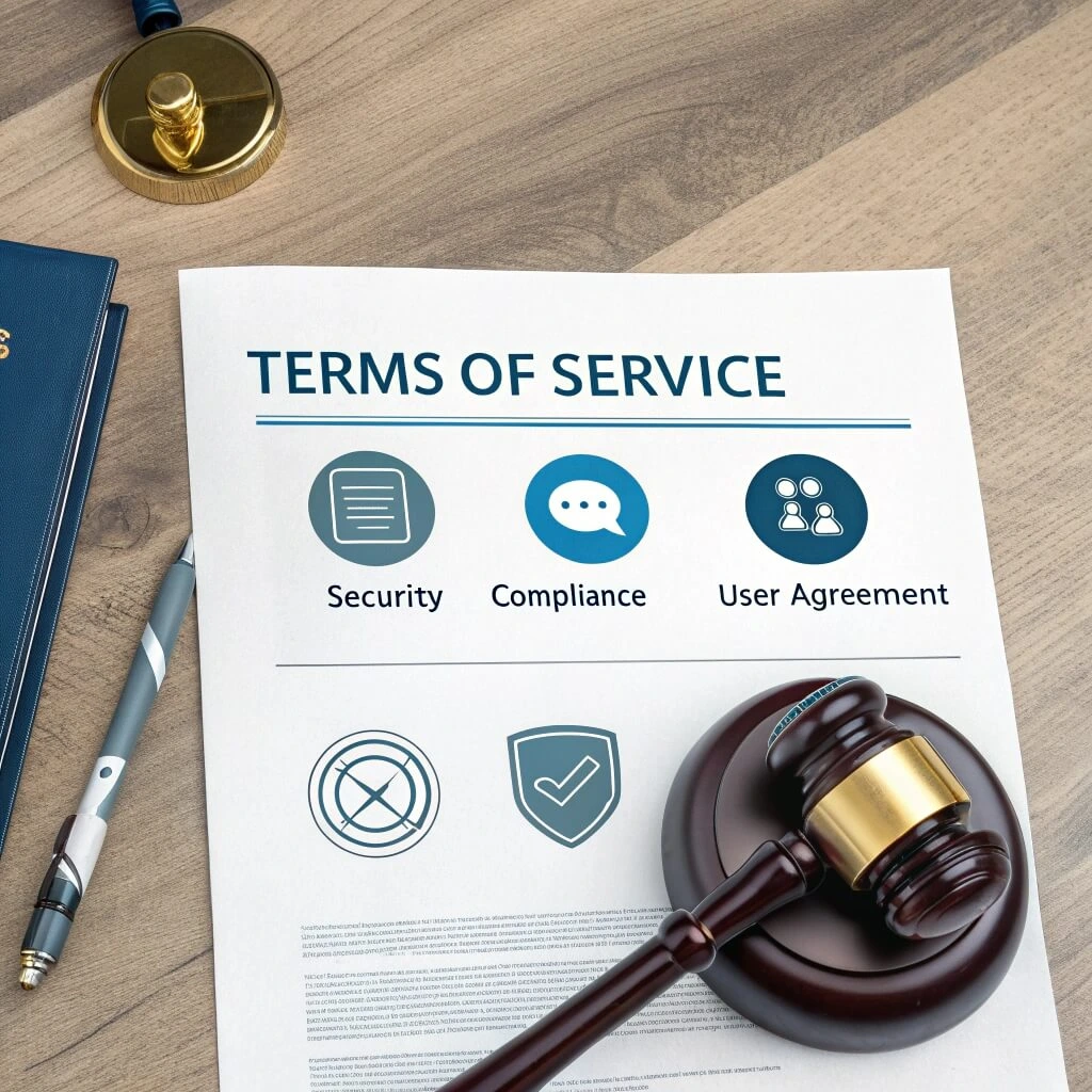 Legal document, gavel, and icons for Terms of Service.