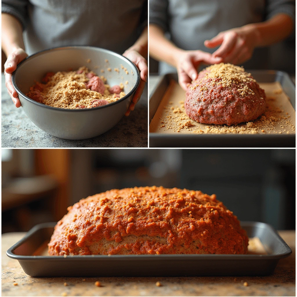 Step-by-step process of preparing homemade meatloaf, including mixing ingredients, shaping the loaf, and baking it in the oven.