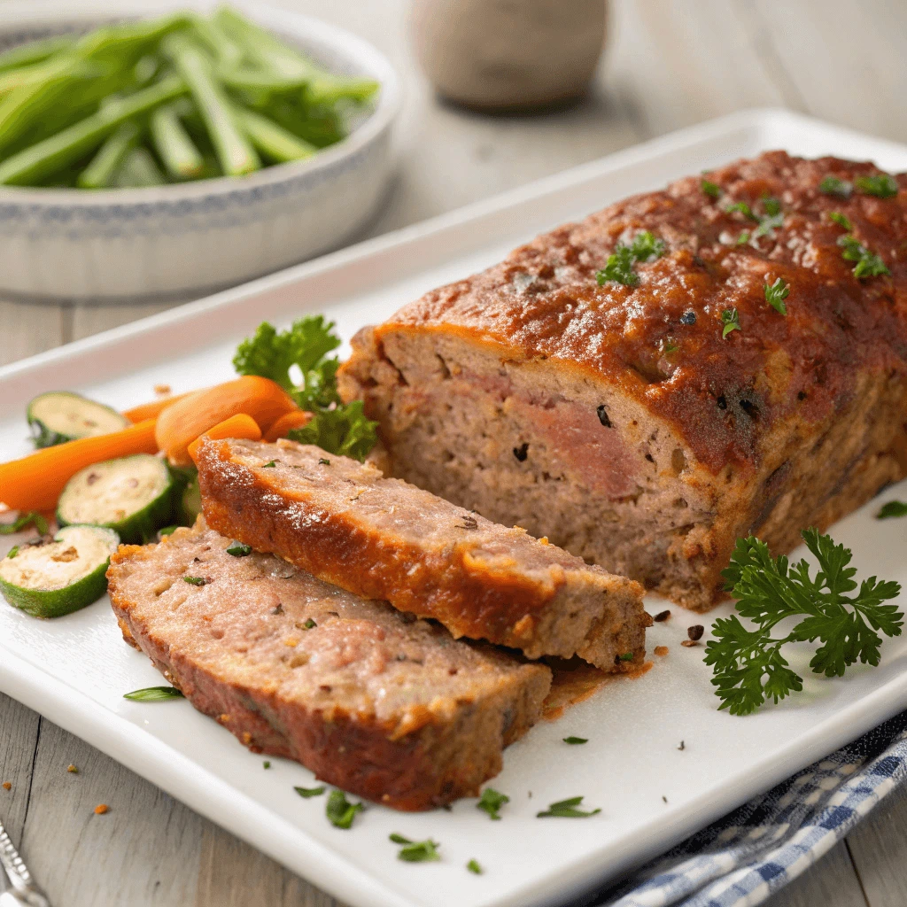 Golden-brown glazed meatloaf freshly sliced, revealing a juicy and flavorful interior, garnished with fresh herbs.