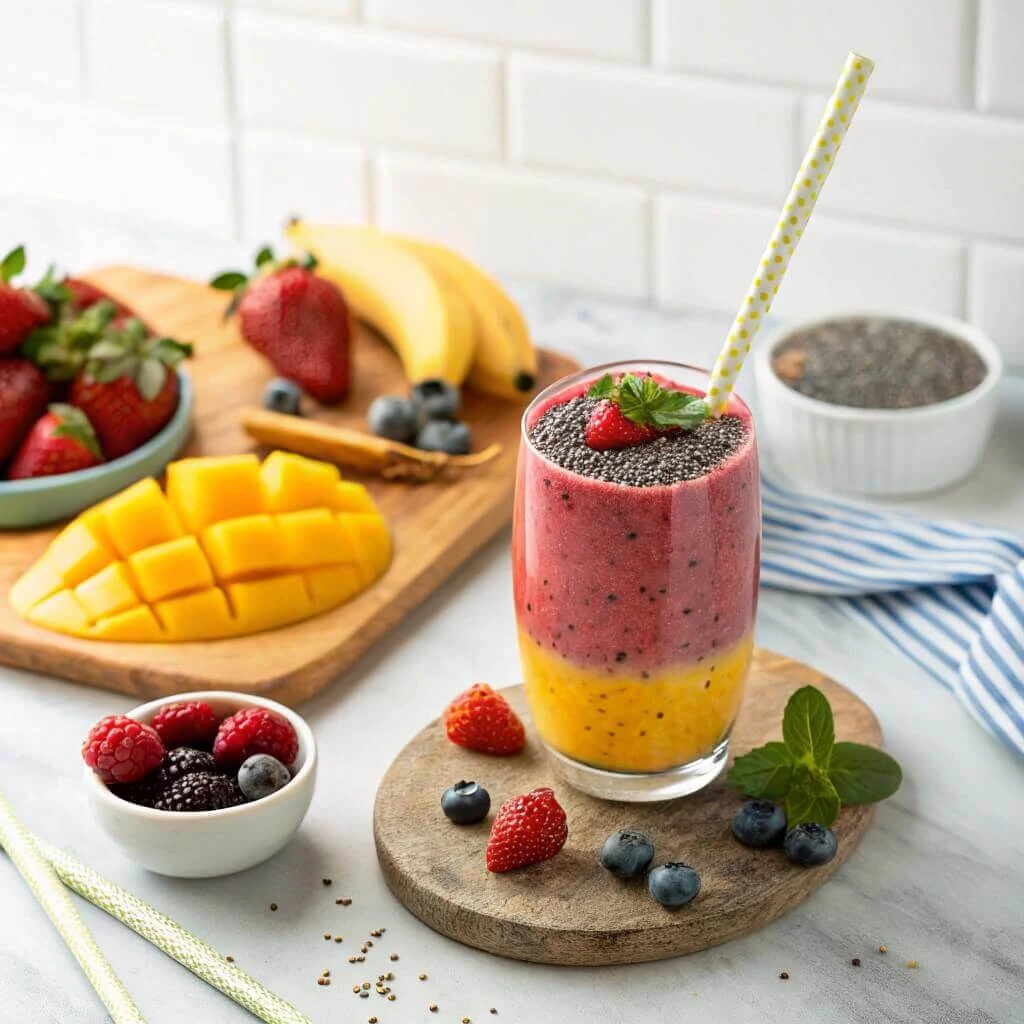 Refreshing smoothie with fresh fruits like berries, bananas, and mango slices, served in a glass with chia seeds and a reusable straw."