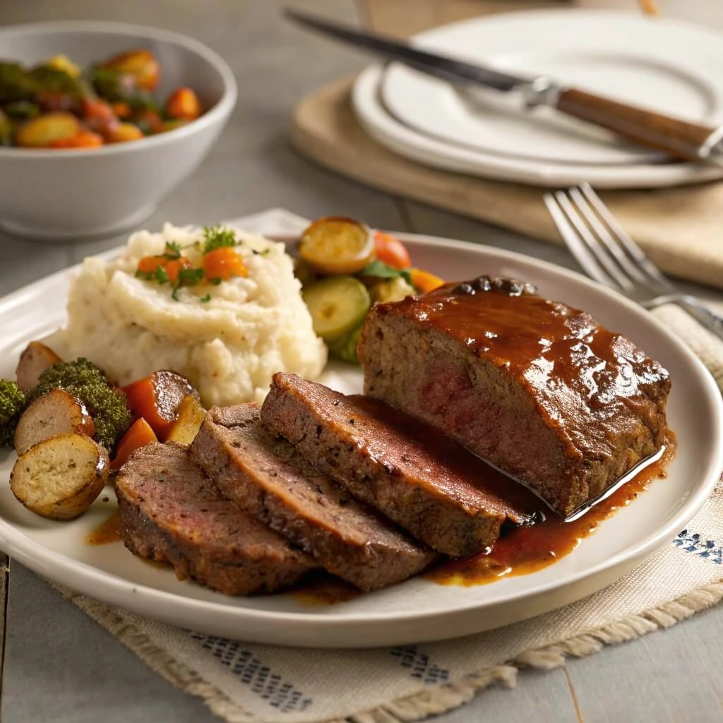 Sliced meatloaf served on a plate with mashed potatoes, green beans, and gravy.