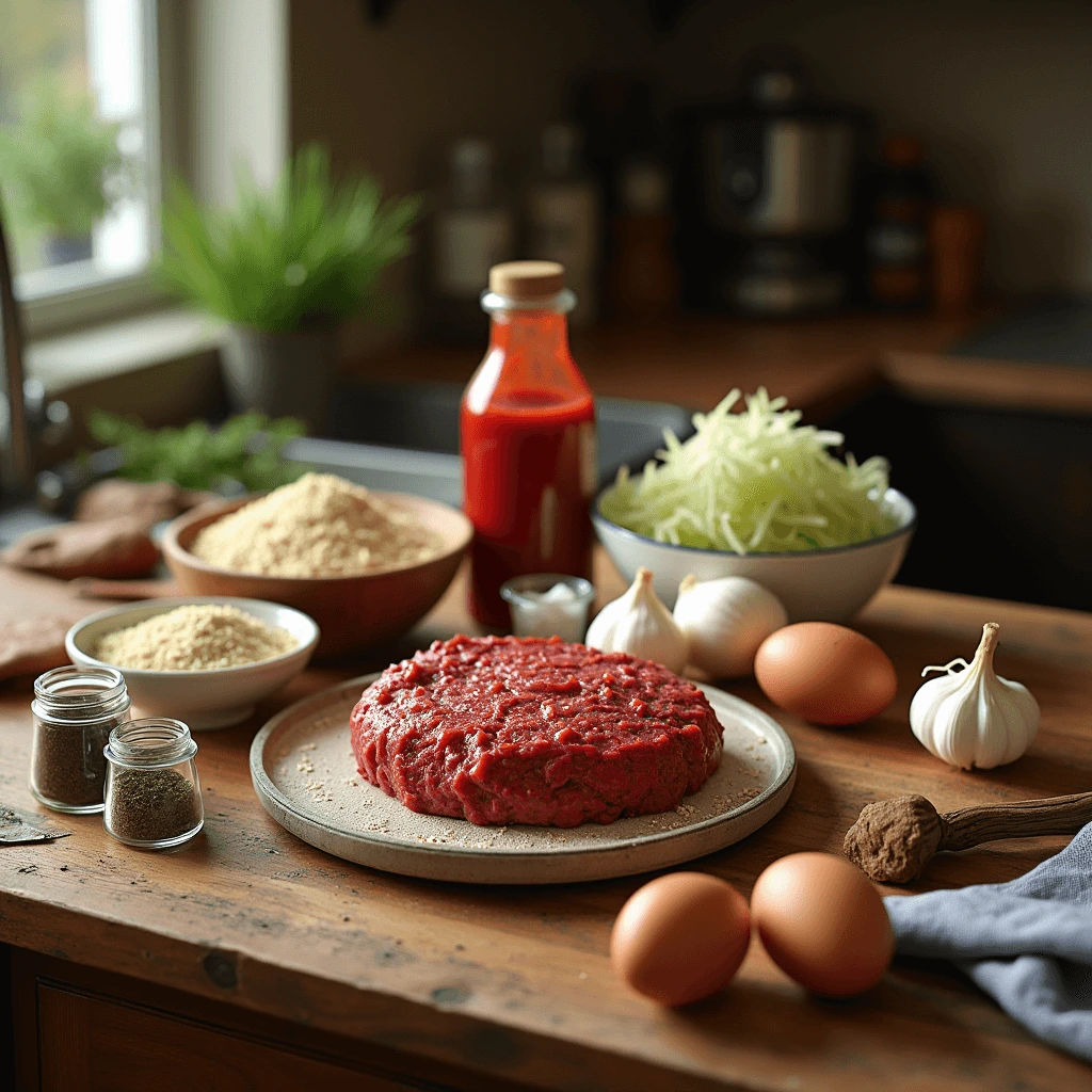 Ingredients for meatloaf including ground beef, breadcrumbs, eggs, onions, and spices laid out on a kitchen counter.