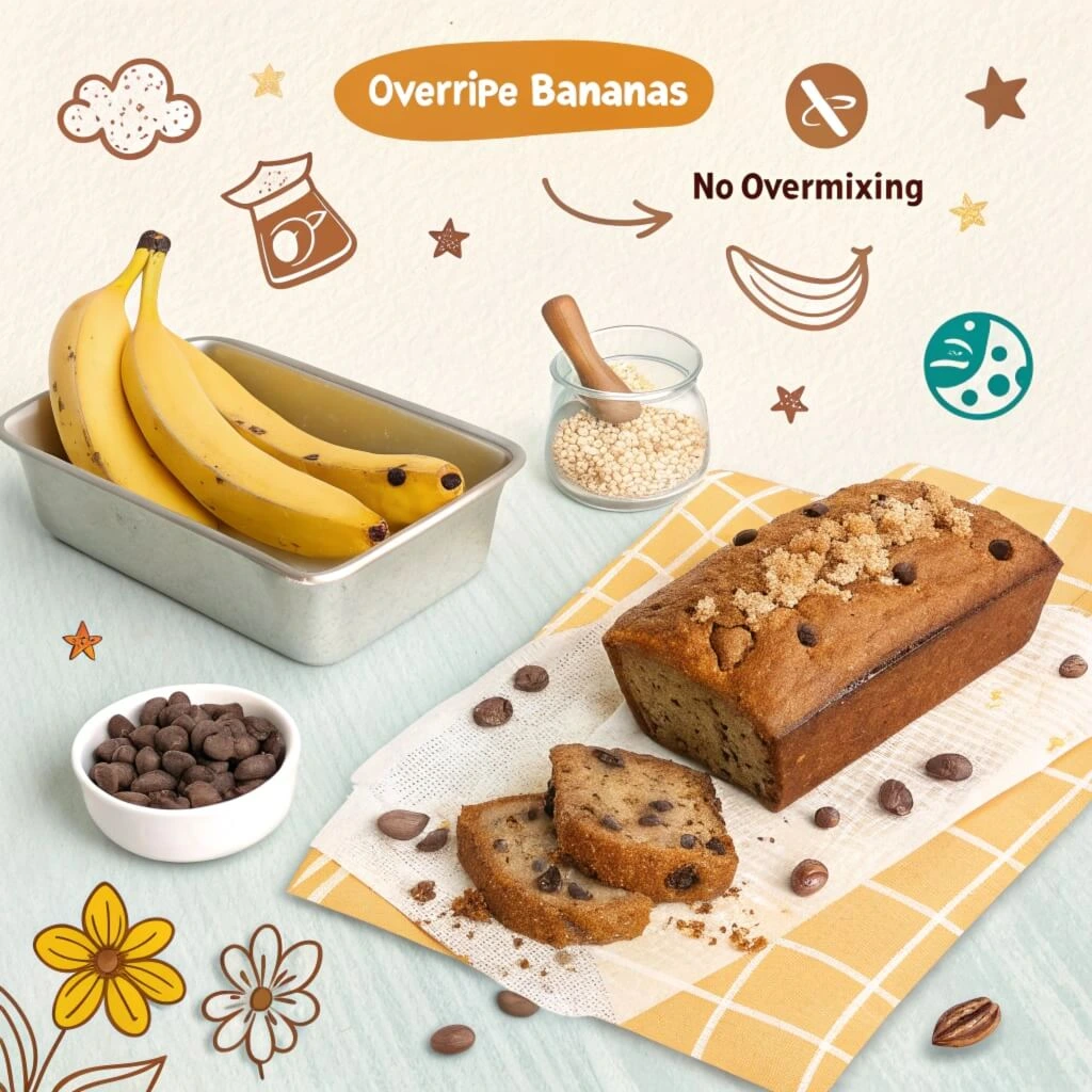 A cheerful and colorful illustration of tips for making perfect banana bread, featuring overripe bananas, a 'no overmixing' sign, and add-ins like walnuts and chocolate chips. Fun icons and text bubbles make the image engaging and informative.