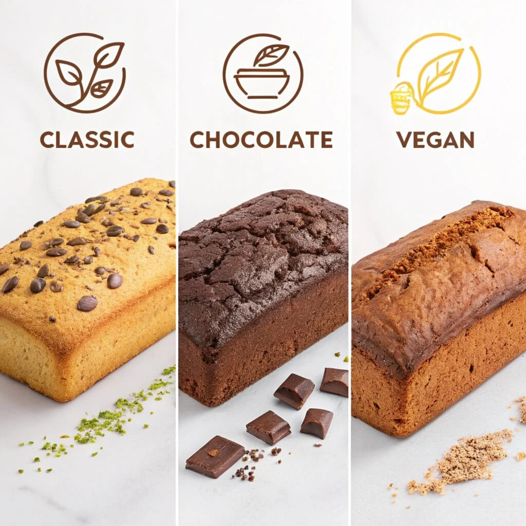 A split-screen illustration showcasing three variations of banana bread: classic, chocolate, and vegan. Each type is visually differentiated by colors and textures, with subtle icons like cocoa powder for chocolate banana bread and a leaf for vegan banana bread.