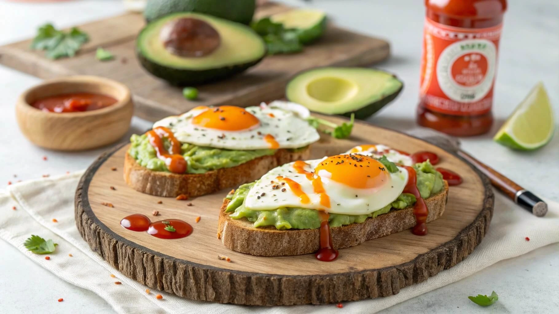 Avocado toast with egg and hot sauce served on a wooden plate in a cozy kitchen setting.