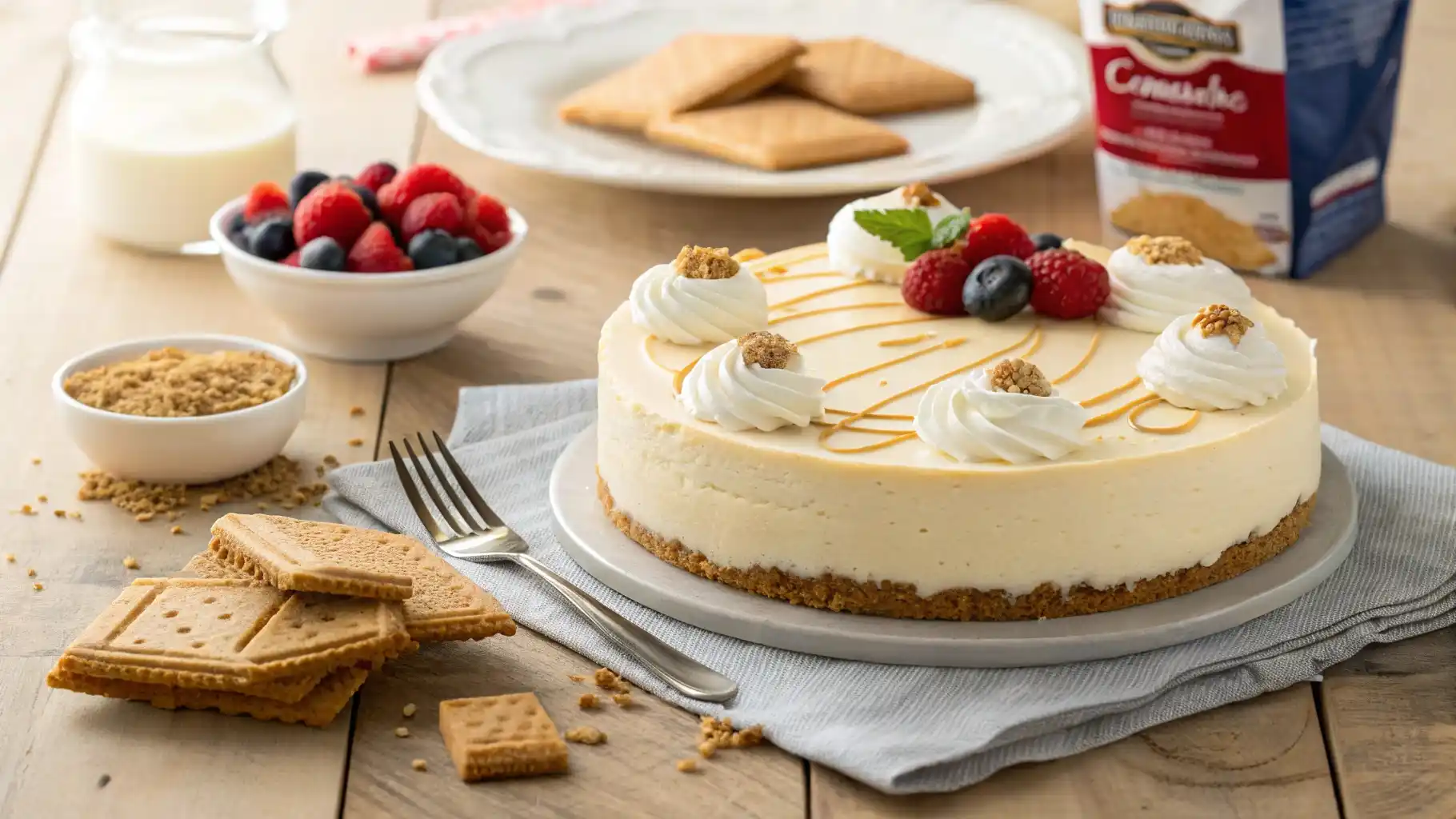 A creamy no-bake cheesecake made with cheesecake mix, topped with whipped cream, fresh berries, and caramel drizzle.