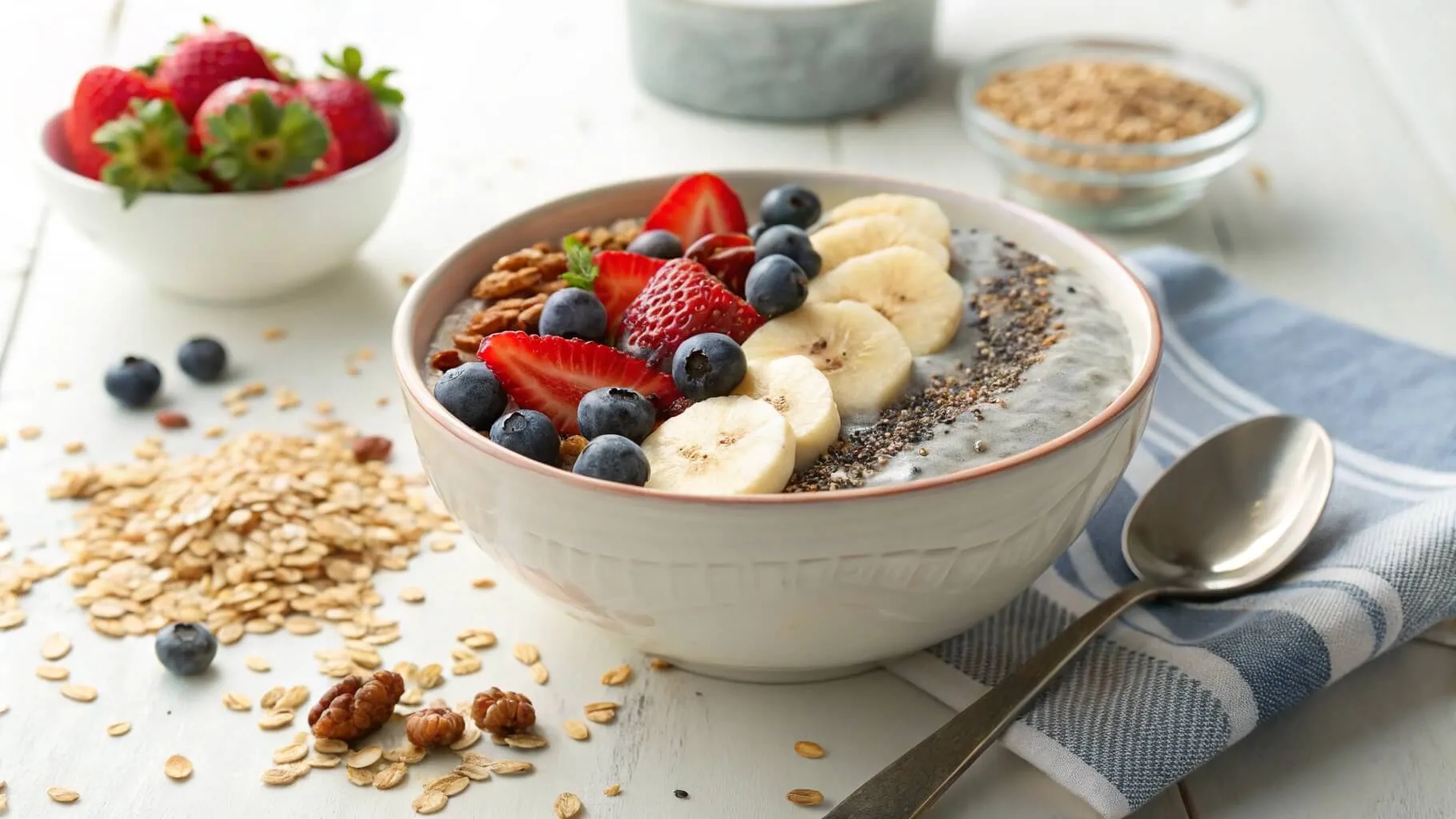 A bowl of chia pudding made with almond milk, topped with fresh berries and sliced bananas, served with a spoon.