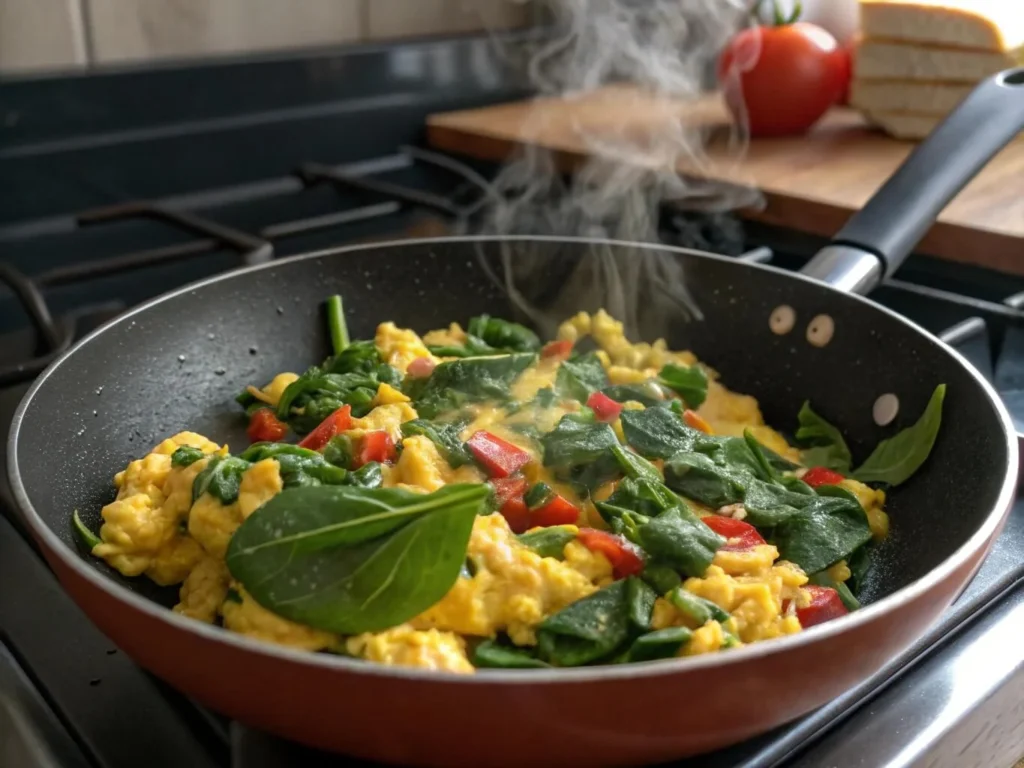 Cooking high-protein scrambled eggs with spinach in a skillet on the stove.