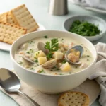 A bowl of creamy clam chowder garnished with fresh parsley, displayed on a modern countertop with a spoon and crackers.