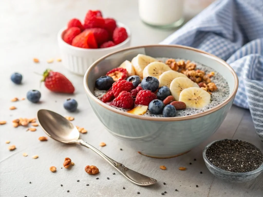 Finished chia pudding with almond milk topped with fresh fruits and granola.