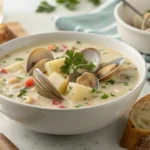 A bowl of creamy clam chowder garnished with fresh parsley, placed on a modern countertop.