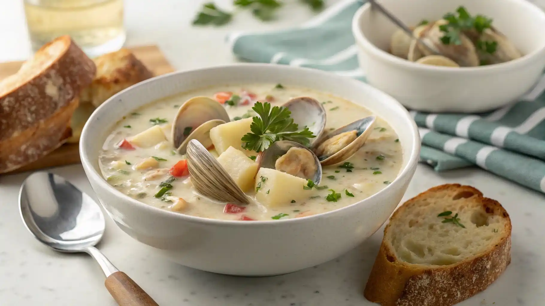 A bowl of creamy clam chowder garnished with fresh parsley, placed on a modern countertop.