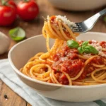 Bowl of gluten-free pasta with marinara sauce topped with fresh basil and Parmesan cheese.