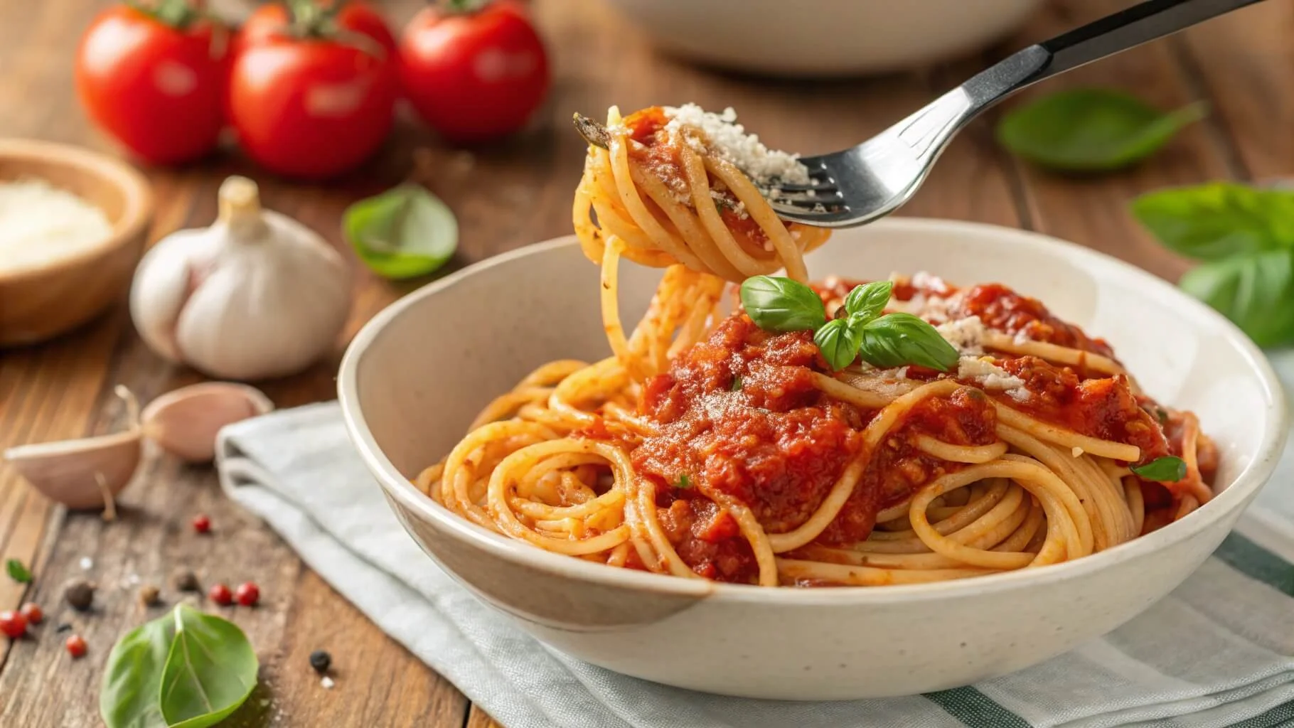 Bowl of gluten-free pasta with marinara sauce topped with fresh basil and Parmesan cheese.