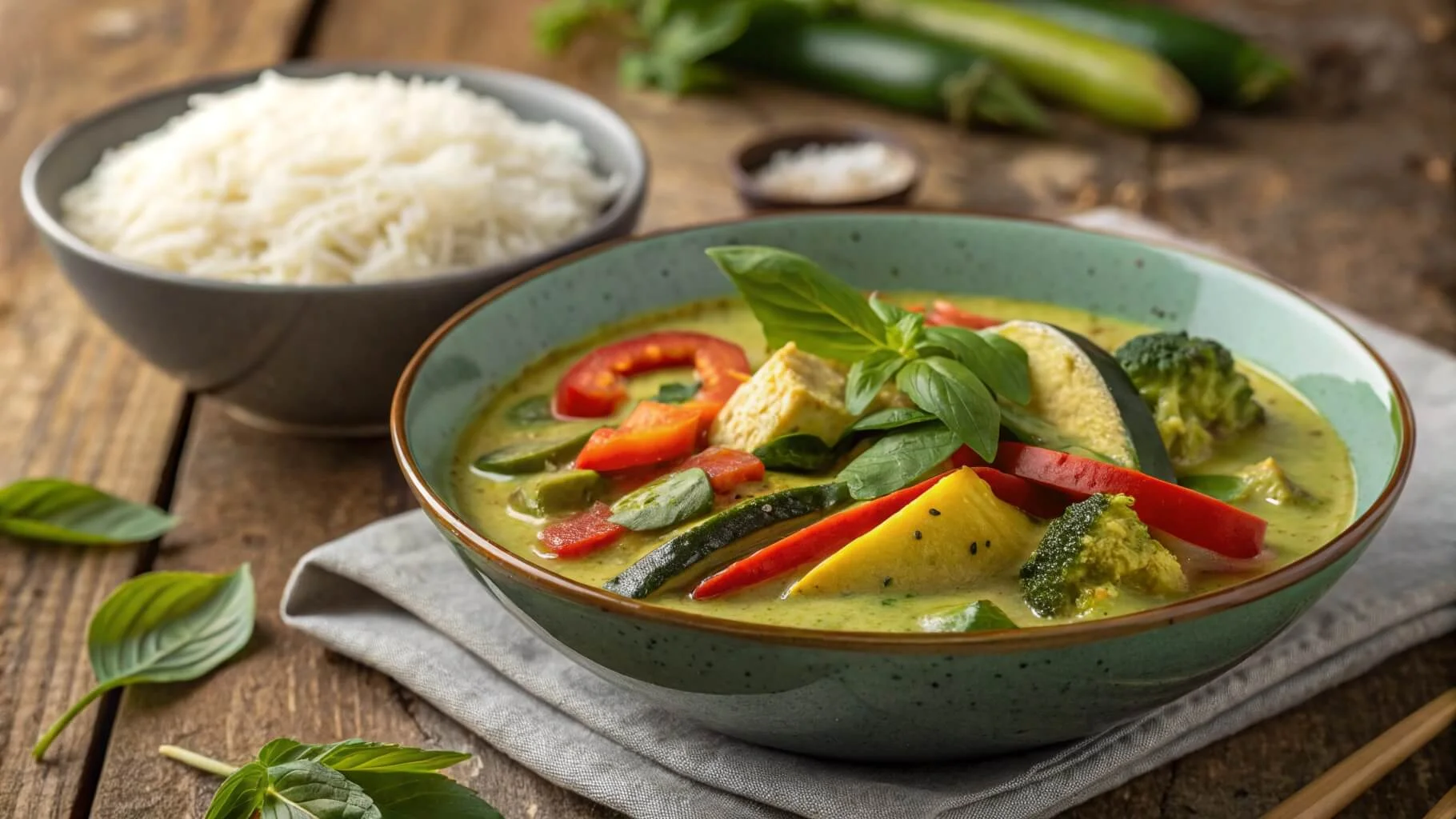 A bowl of Thai green curry with vegetables and jasmine rice, garnished with fresh basil.