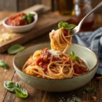 Bowl of easy gluten-free spaghetti with marinara sauce topped with fresh basil and Parmesan cheese.