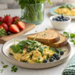 A plated serving of high-protein scrambled eggs with spinach, garnished and served with toast and fruit.