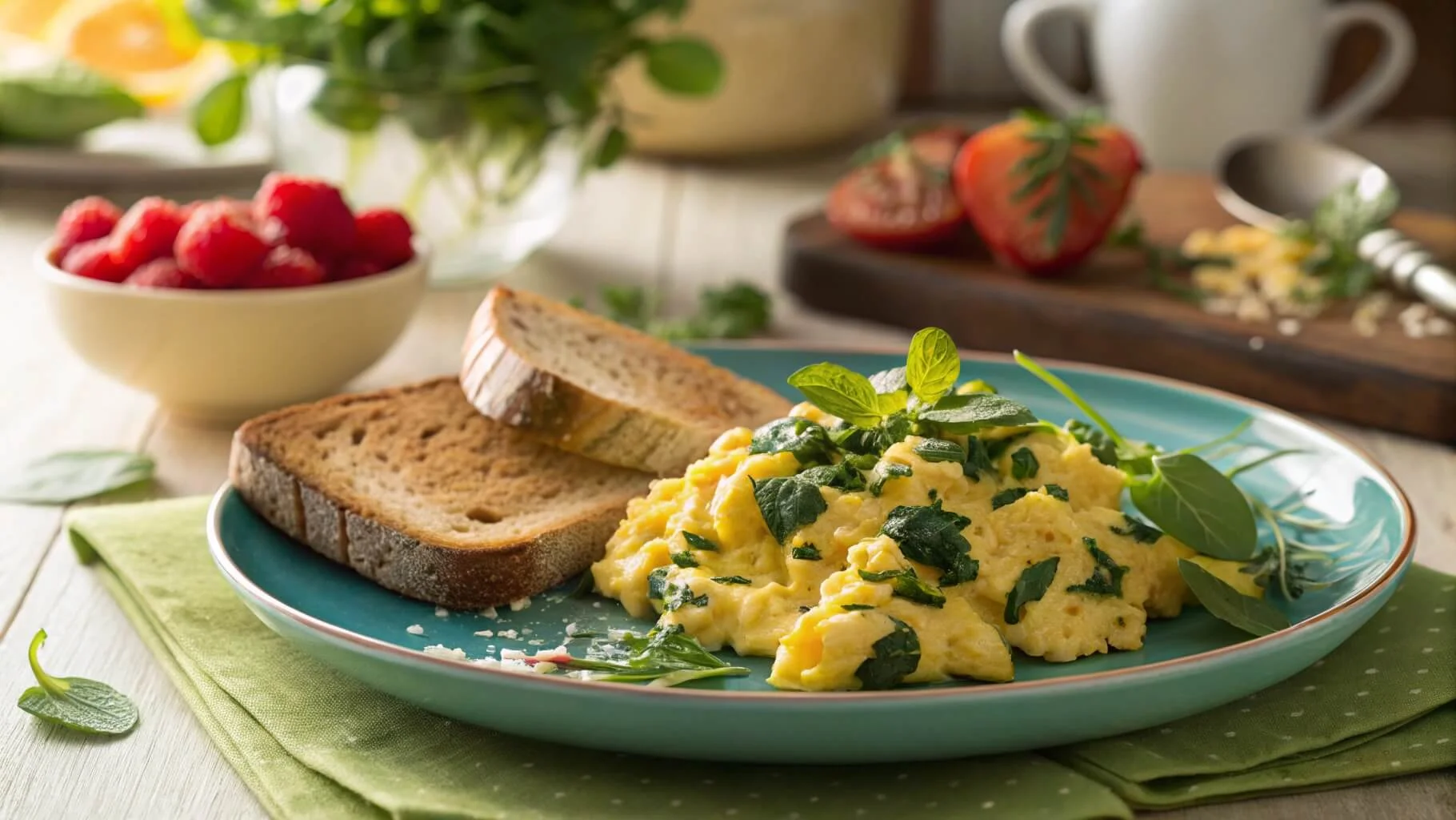 A delicious plate of high-protein scrambled eggs with spinach, garnished with herbs, served with whole-grain toast and fresh fruit.