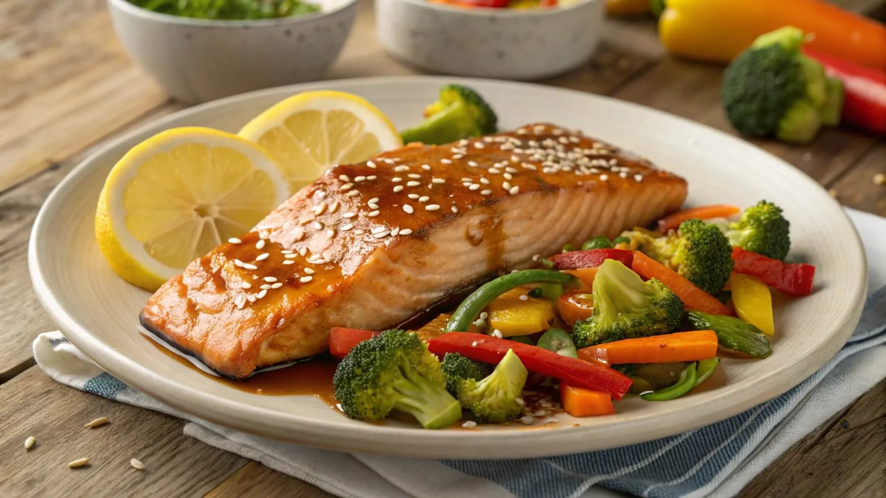 Delicious Honey Garlic Salmon with Roasted Vegetables served on a rustic wooden table, garnished with sesame seeds and lemon wedges.