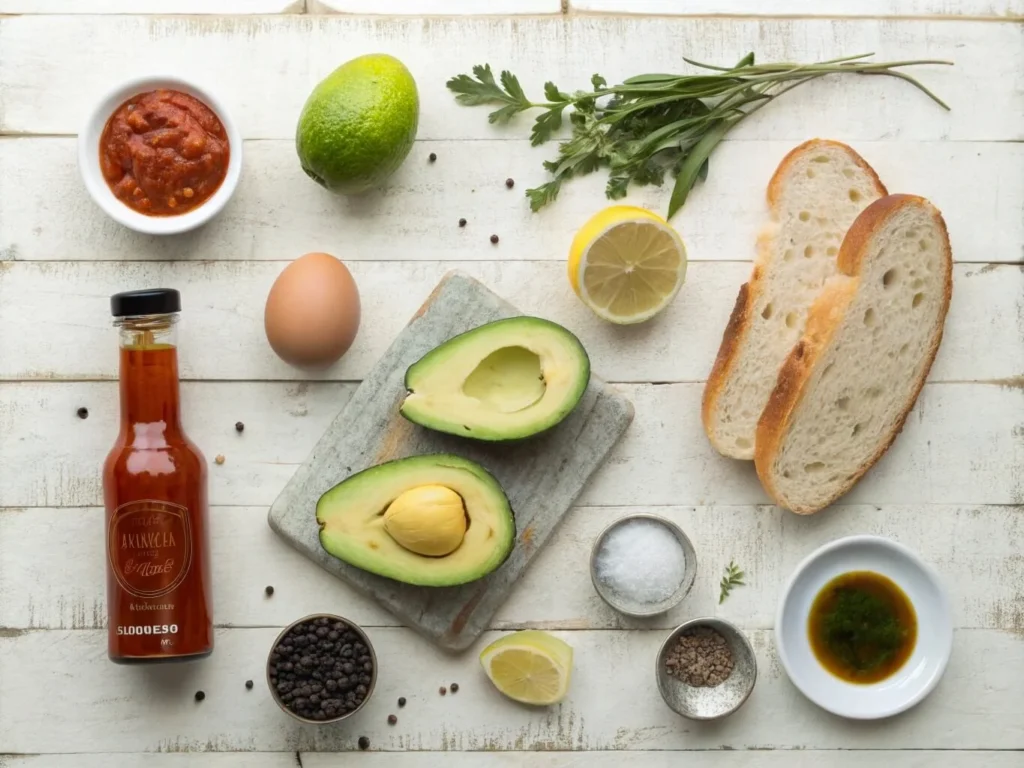 "Ingredients for avocado toast with egg and hot sauce, including avocados, eggs, bread, hot sauce, lemon, and seasonings on a wooden surface."