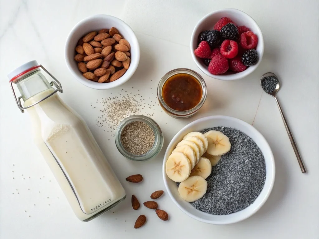 Ingredients for chia pudding with almond milk, including chia seeds, almond milk, and fresh fruits.