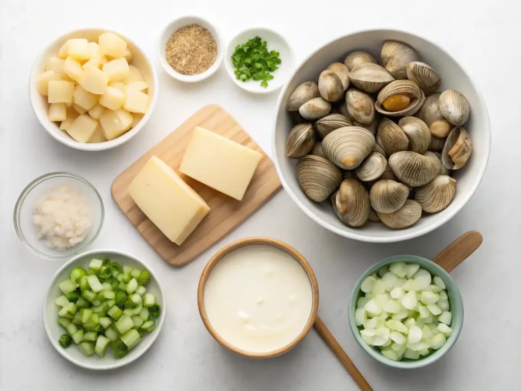 Ingredients for clam chowder, including manila clams, potatoes, onions, celery, butter, and milk.