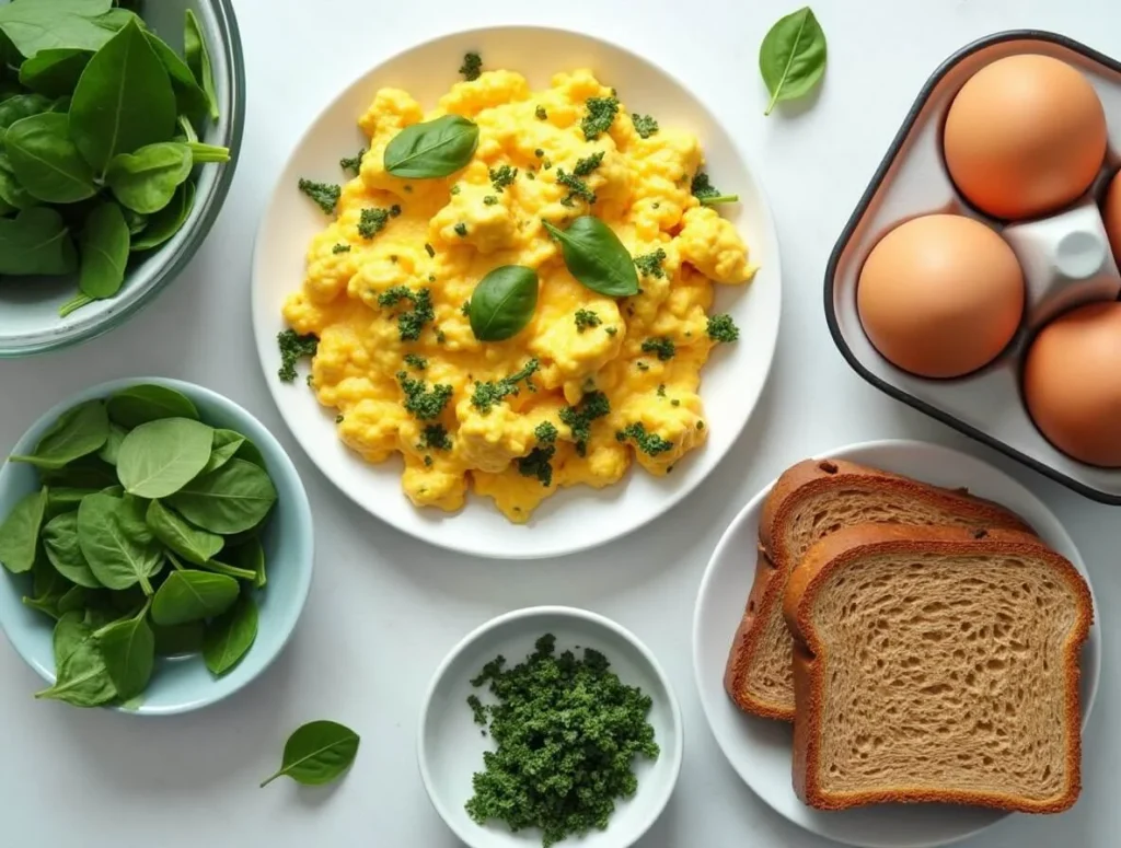 Fresh ingredients for high-protein scrambled eggs with spinach, including eggs, spinach, and herbs.