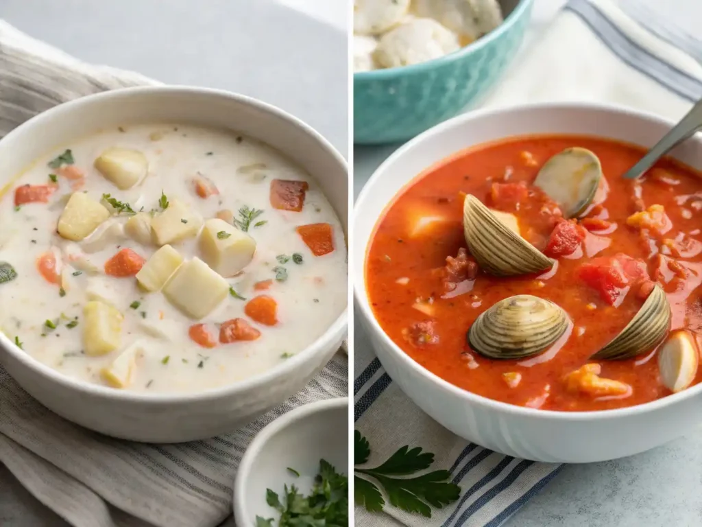 Comparison of New England clam chowder (creamy) and Manhattan clam chowder (tomato-based).