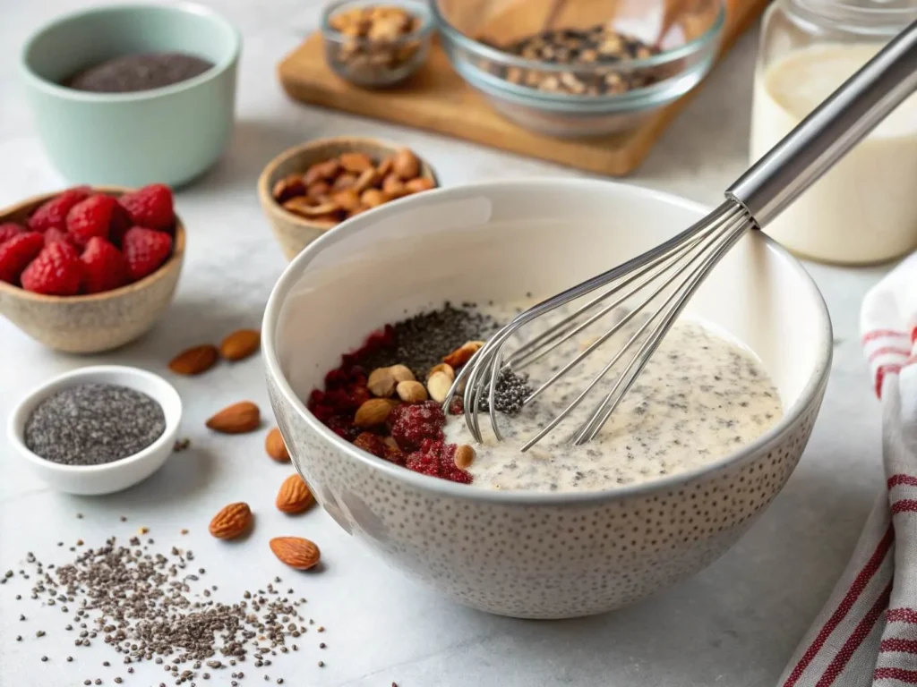 Preparing chia pudding with almond milk in a mixing bowl.