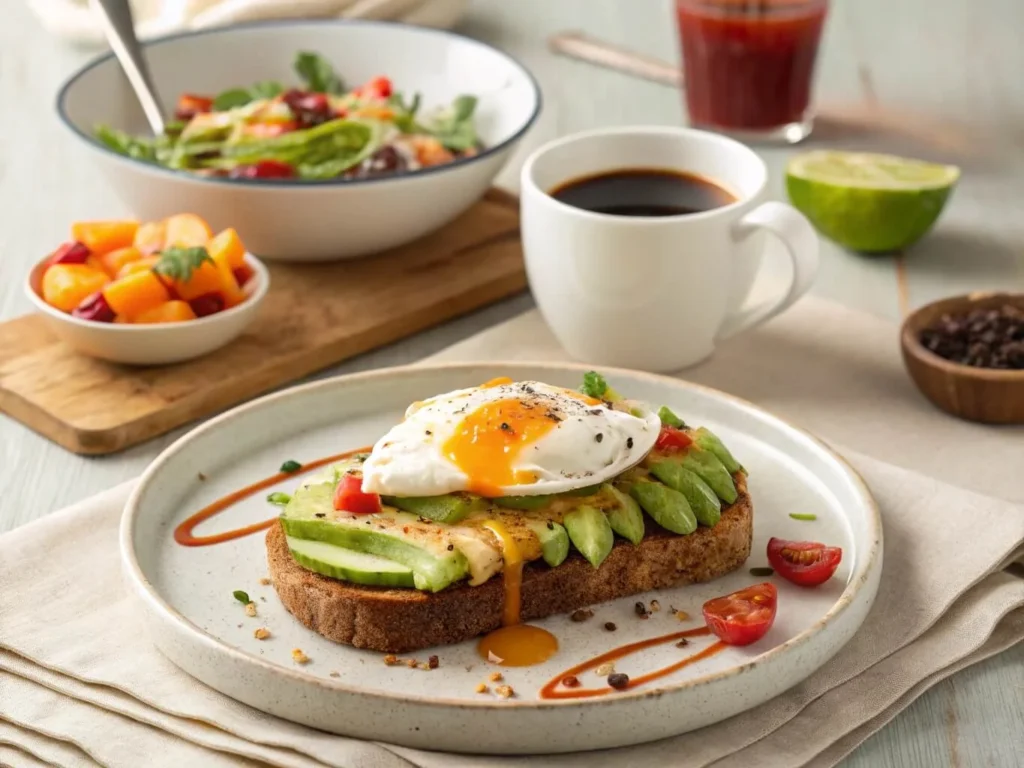 "Avocado toast with egg and hot sauce served with coffee and fruit salad on a cozy breakfast table."